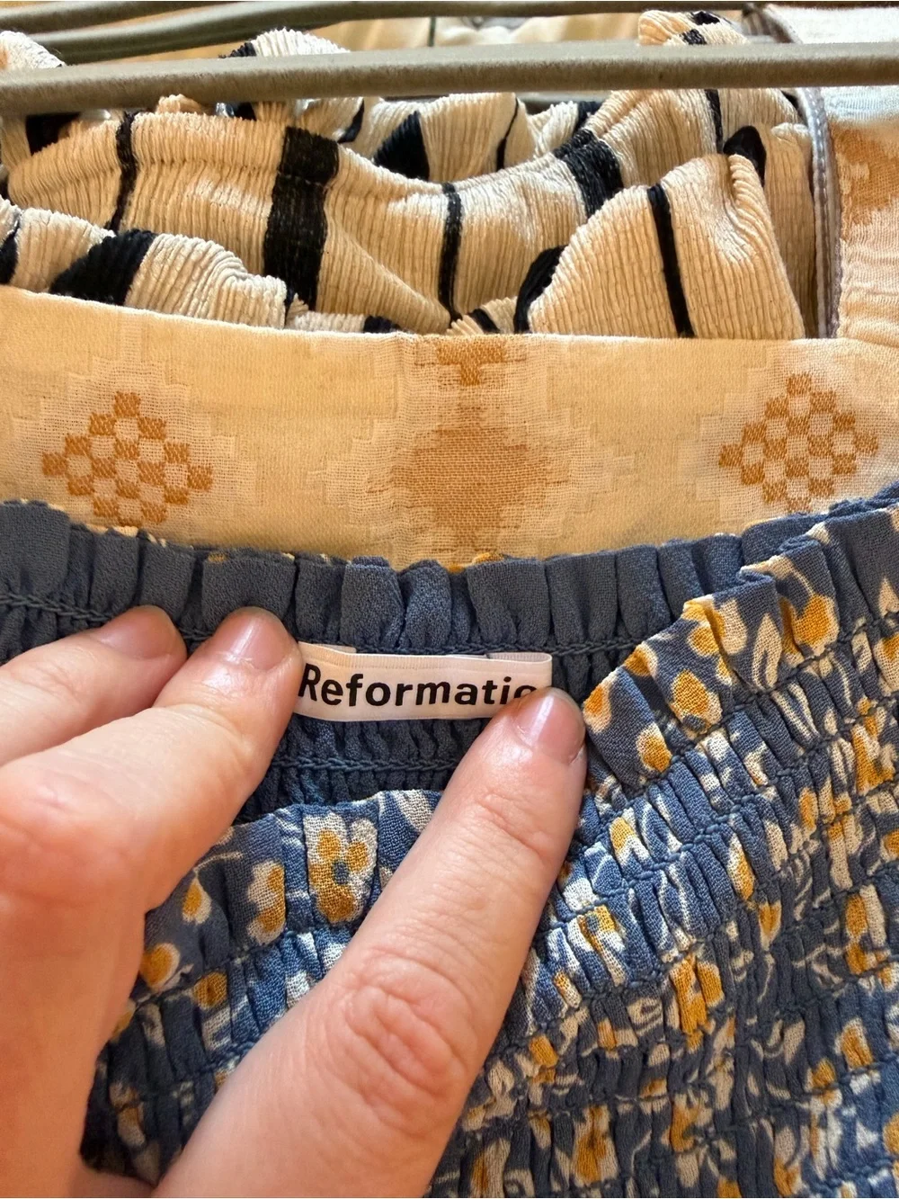 Reformation Navy Floral Smocked Square-Neck Top with Yellow Flowers